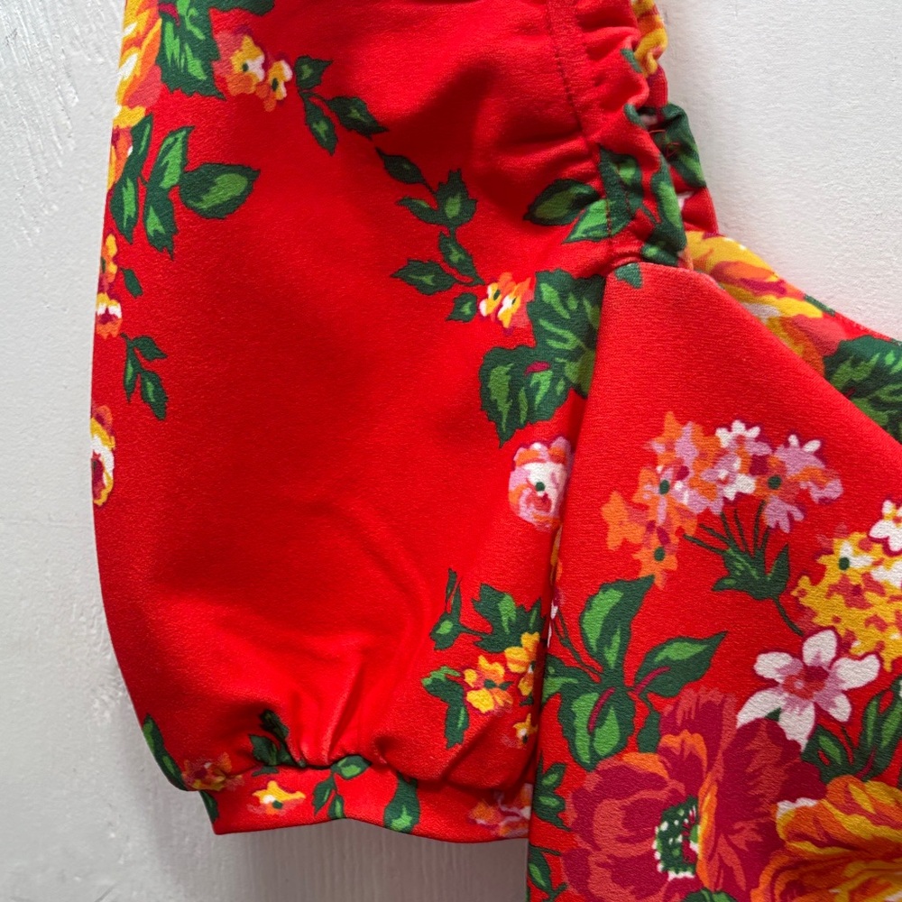 Betsey Johnson Red Fire Flower Milkmaid Mini Dress Floral Puff Sleeve Ruched Y2K - Picture 4 of 8
